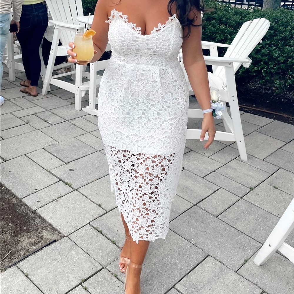White strapless lace midi dress